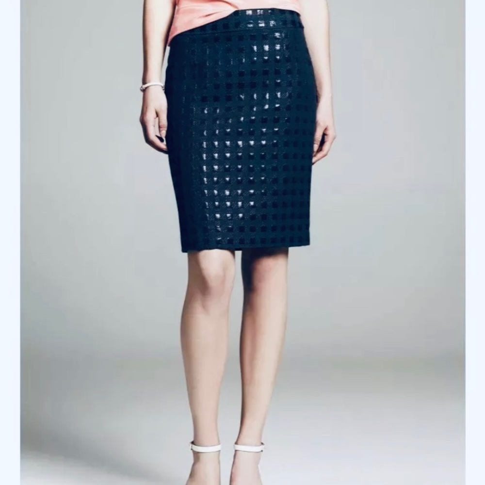 Banana Republic Woven Square Jacquard Navy Skirt with a raised grid pattern.
